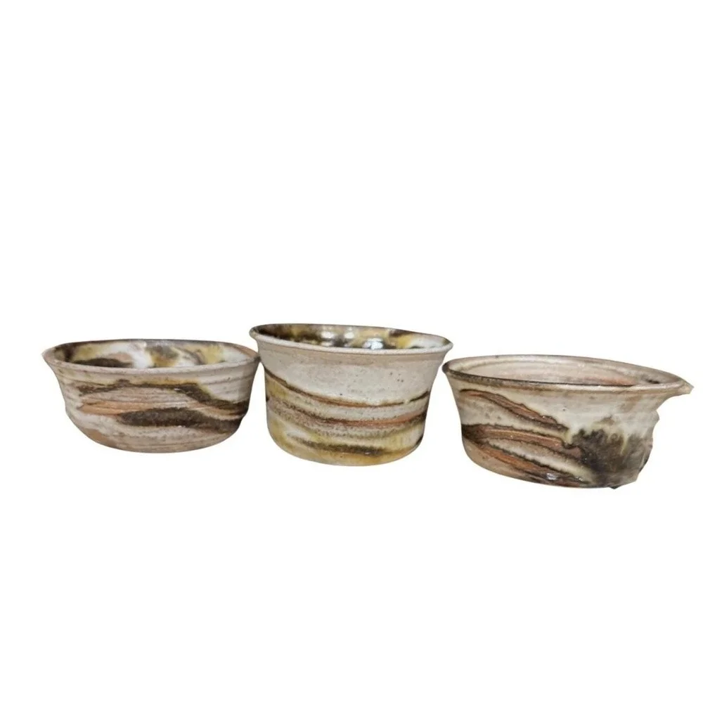 Vintage Studio Pottery Soup Tureen w Lid + 3 Bowls Hand Thrown‎ Stoneware